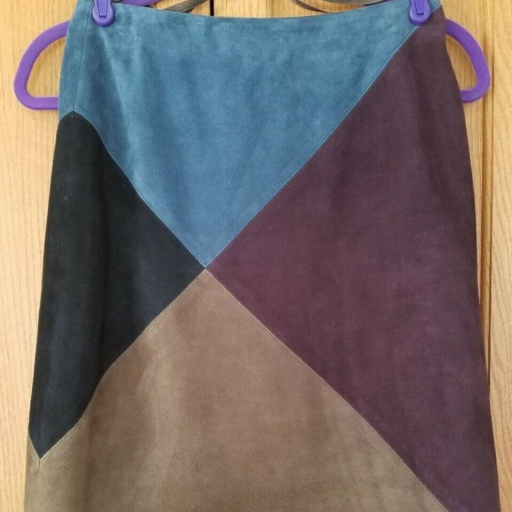 EUC VTG Linda Allard Ellen Tracy Skirt GORGEOUS, Deep Colors Boho Leather/Suede